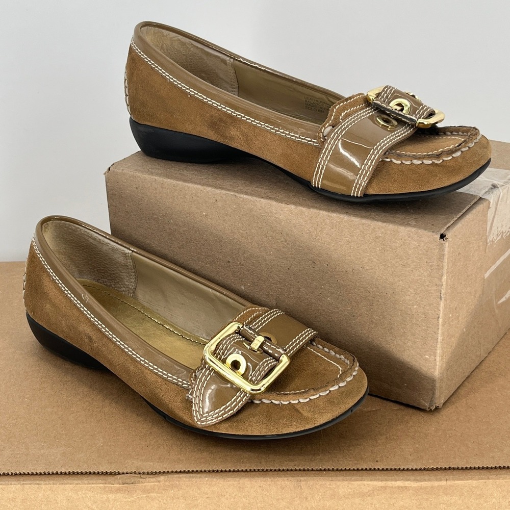 Etienne Aigner Tan Suede Loafers Gold Buckle Equestrian Driving Flats Sz 9‎